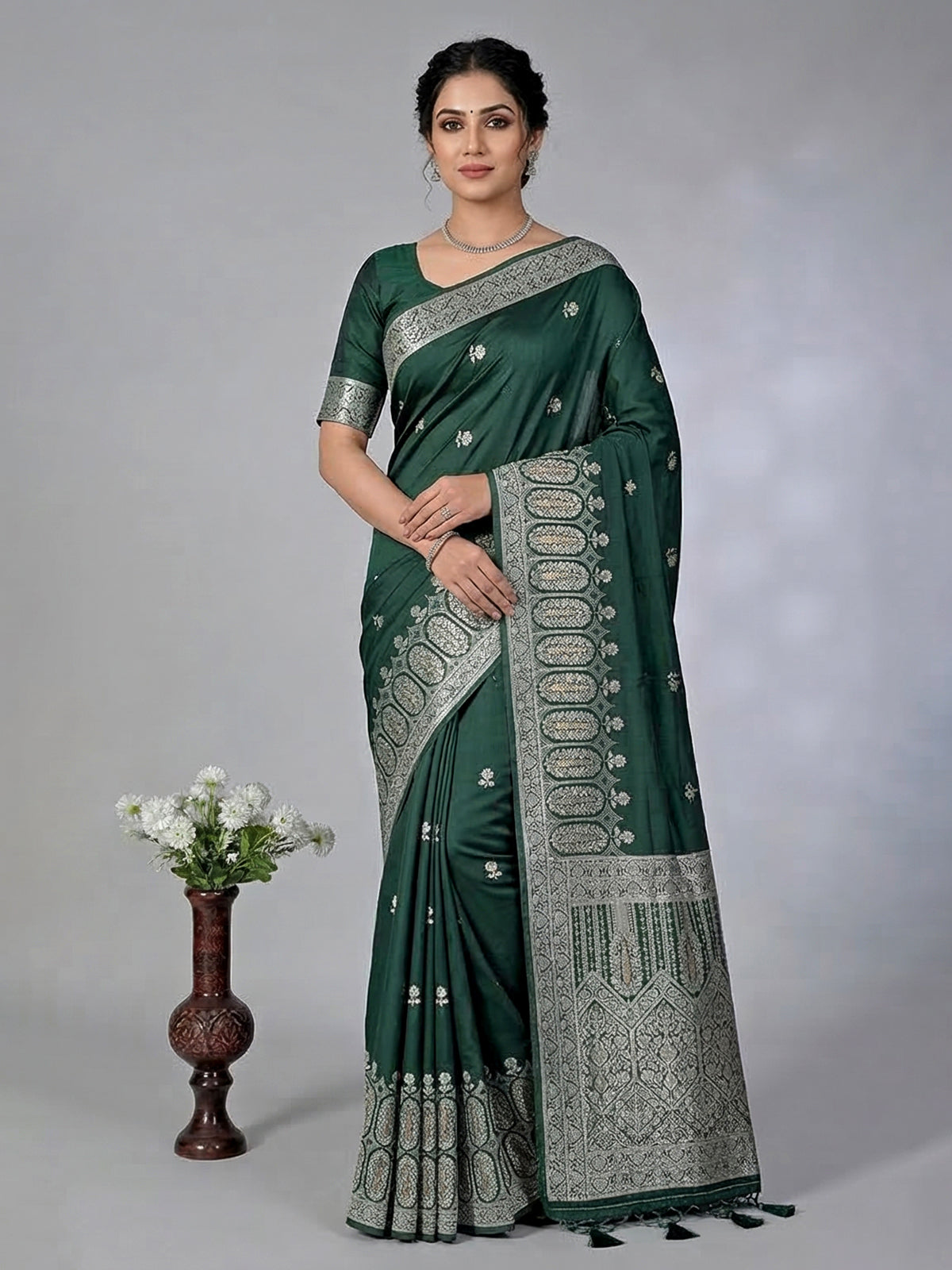 Bottle green zari butti satin silk saree
