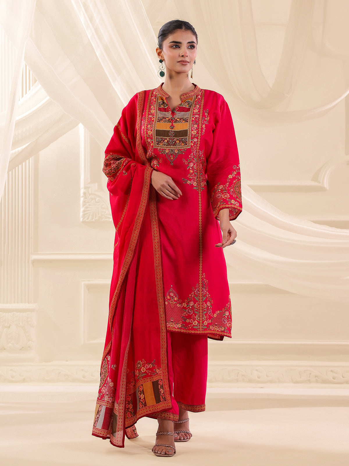 Magenta russian silk printed yoke style kurti set