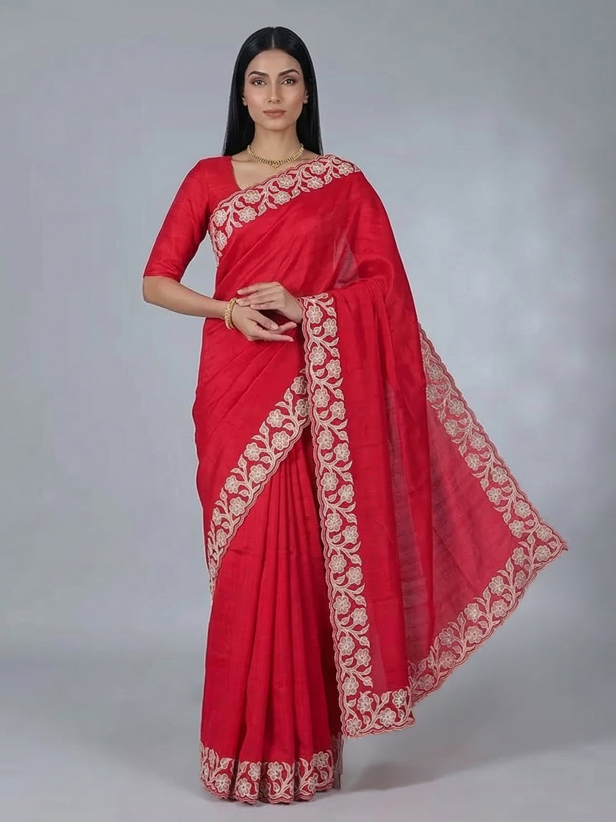 Red semi silk embroidered festive saree
