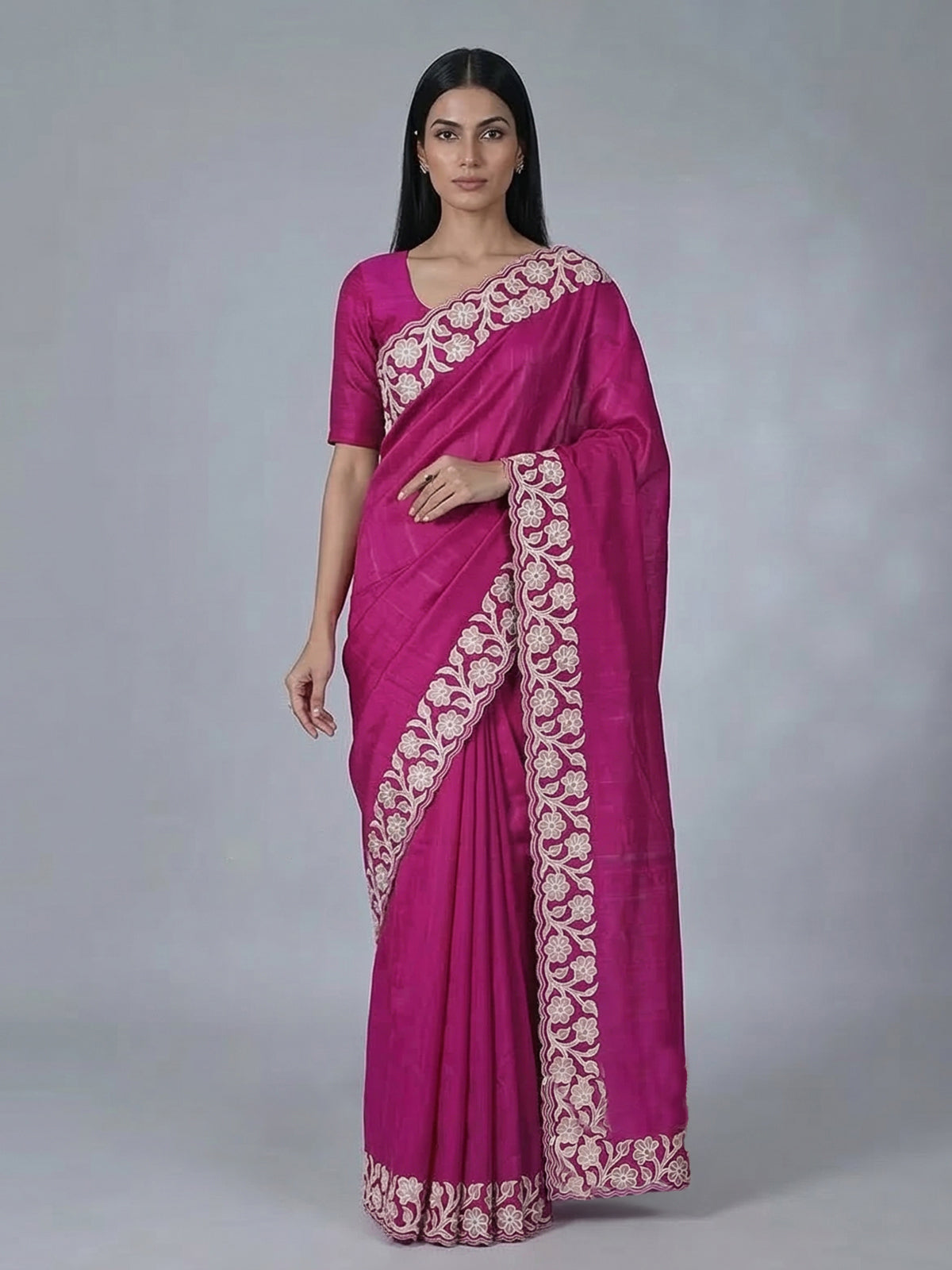 Magenta semi silk embroidery traditional saree