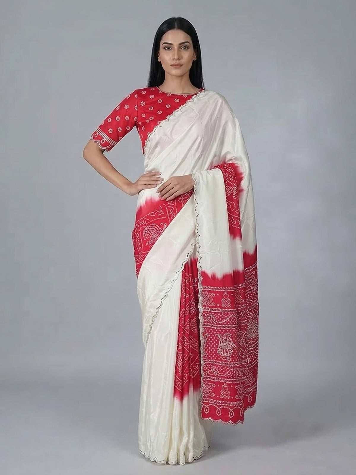Cream red bandhej printed festive wear saree