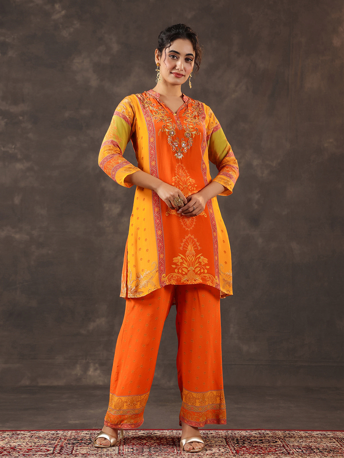 Orange viscose crepe printed palazzo set with mirror
