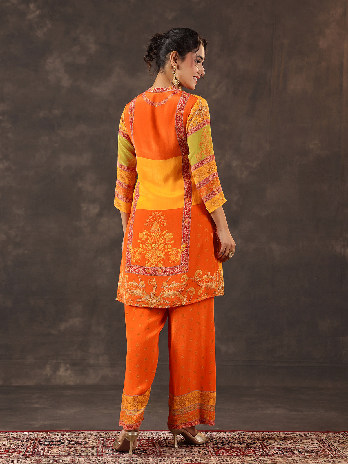 Orange viscose crepe printed palazzo set with mirror