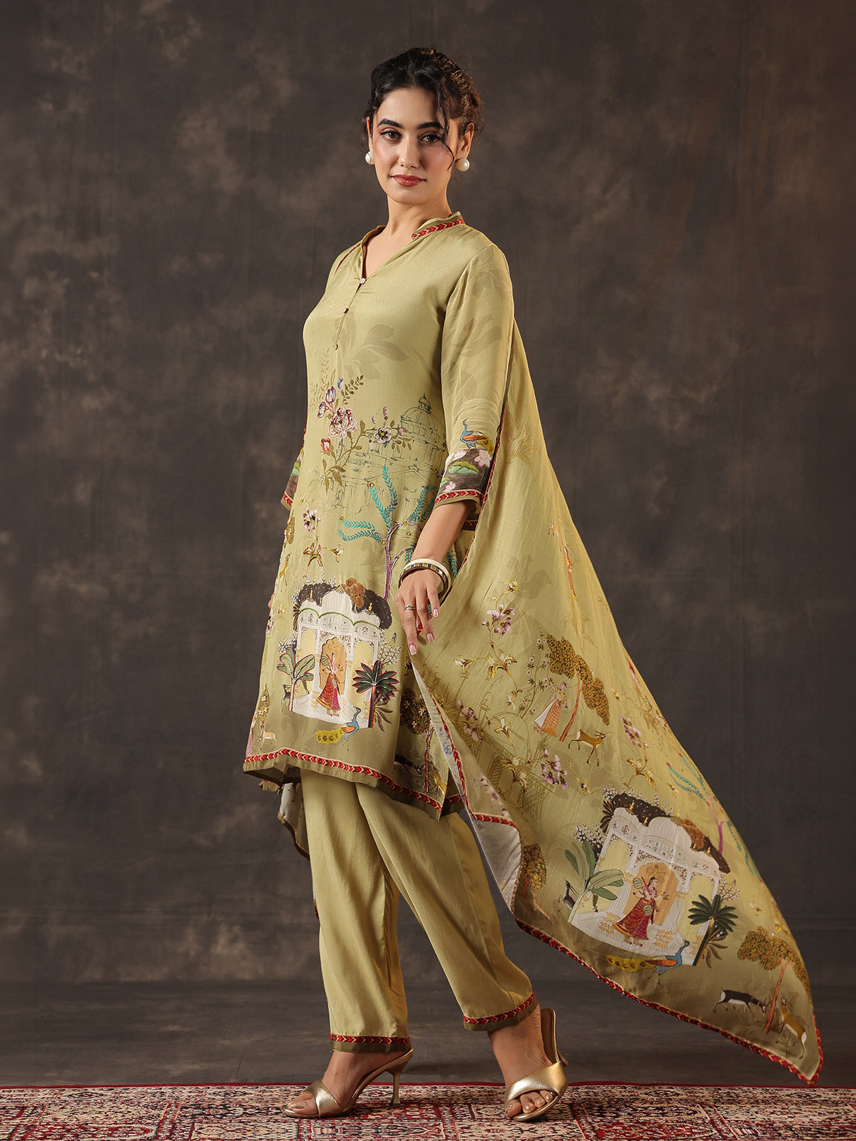 Light olive viscose crepe printed kurti set with dupatta