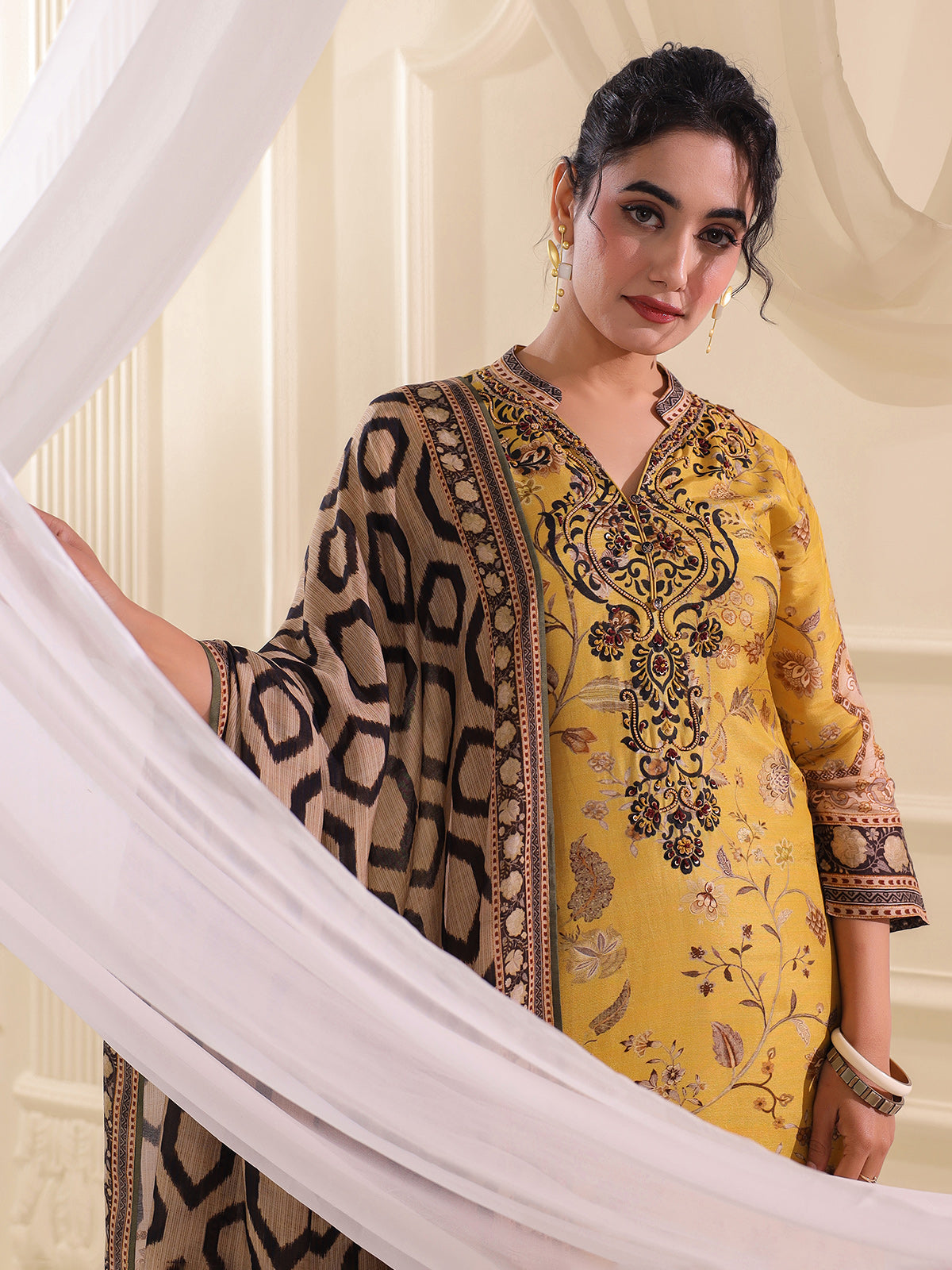 Mehendi yellow dola silk printed kurti set