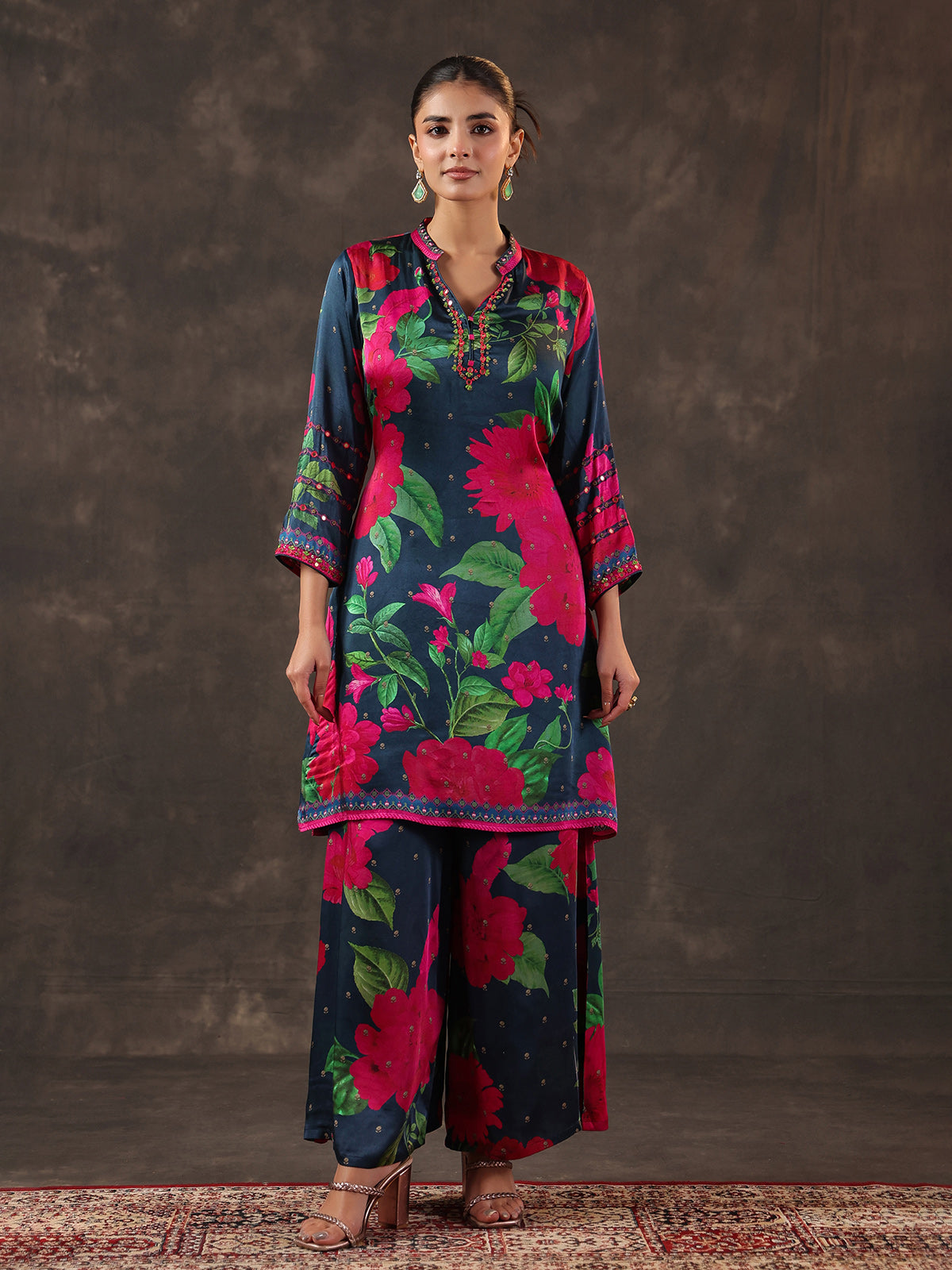 Blue modal satin floral printed kurti set
