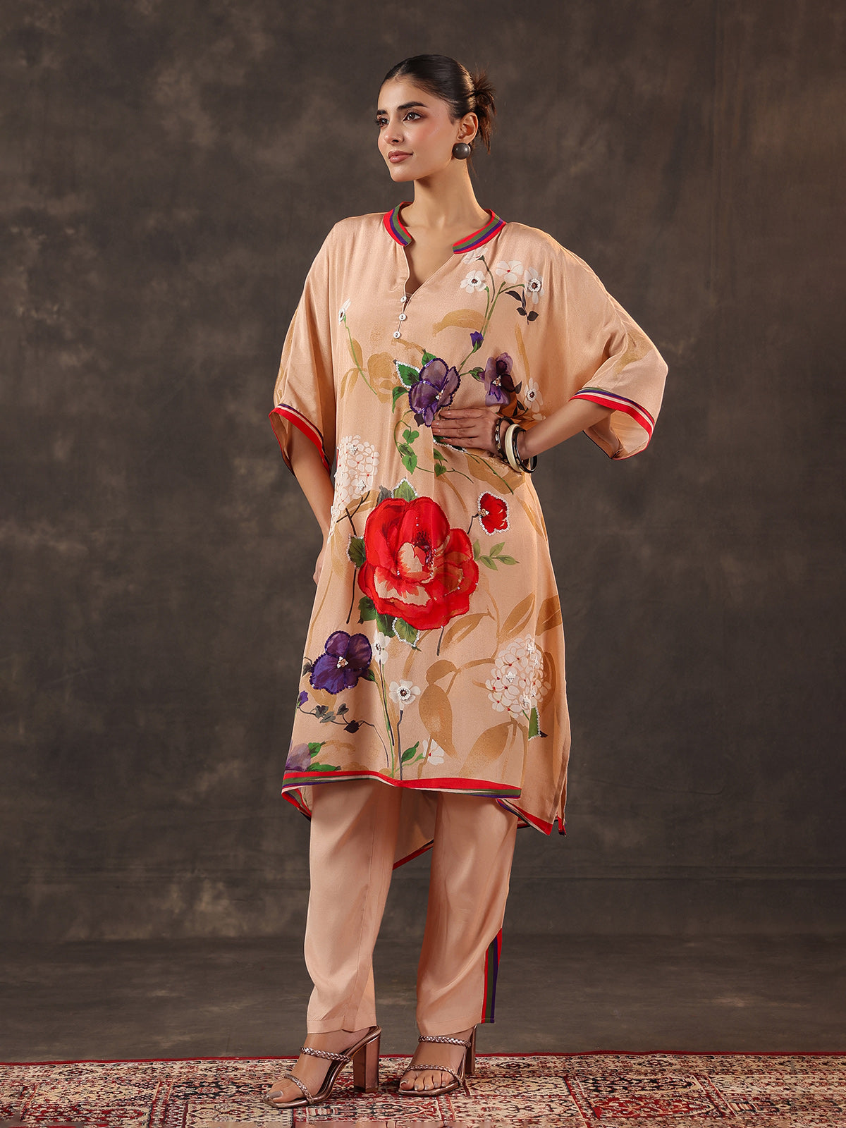 Cream viscose crepe floral printed designer kurti set
