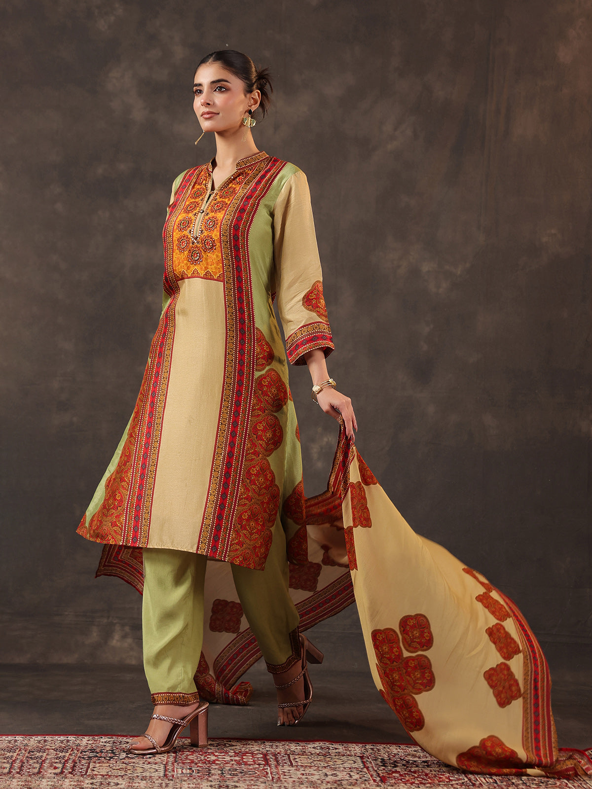 Light green russian silk printed yoke style kurti set