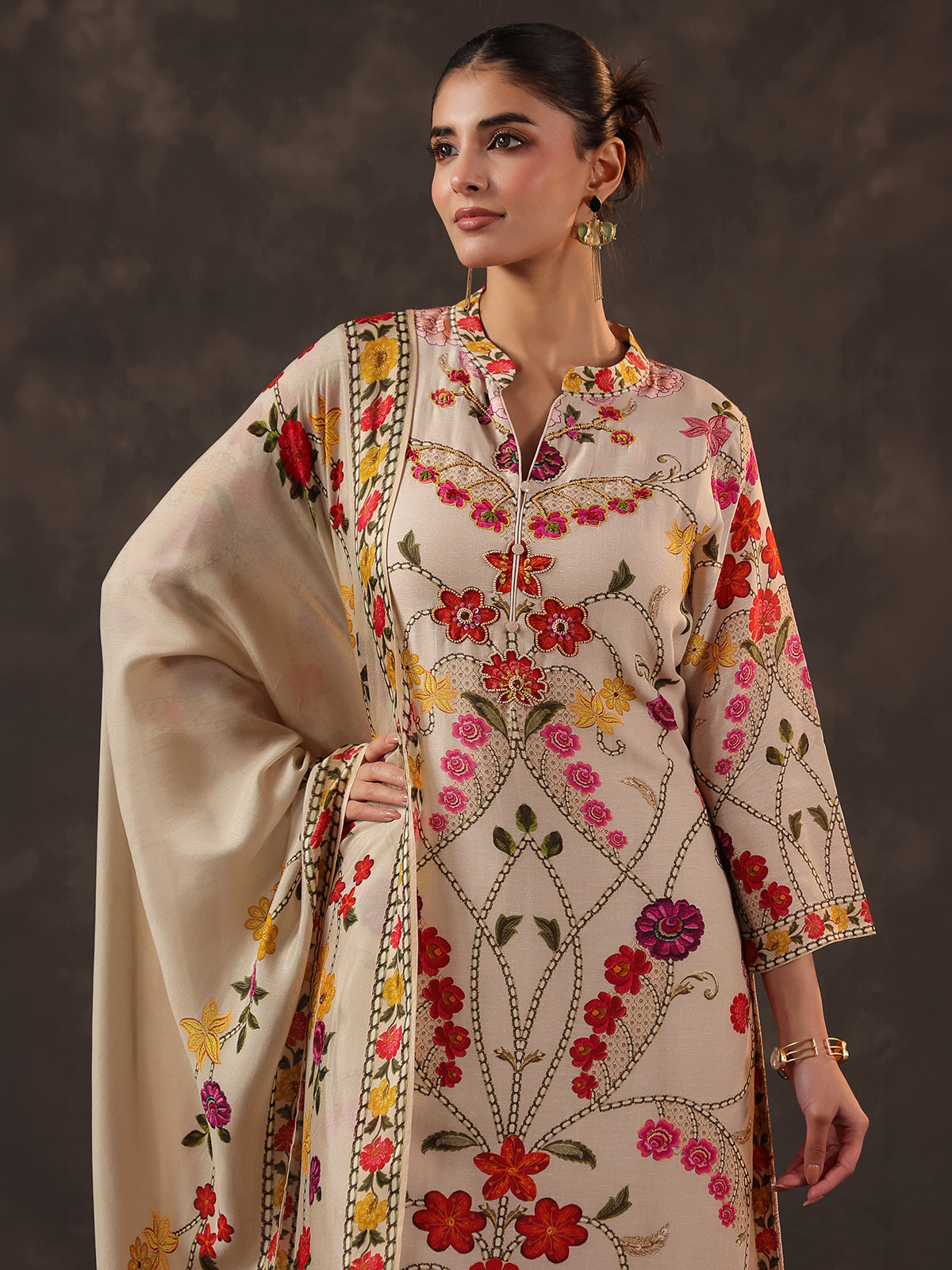 Beige russian silk floral printed kurti set with dupatta