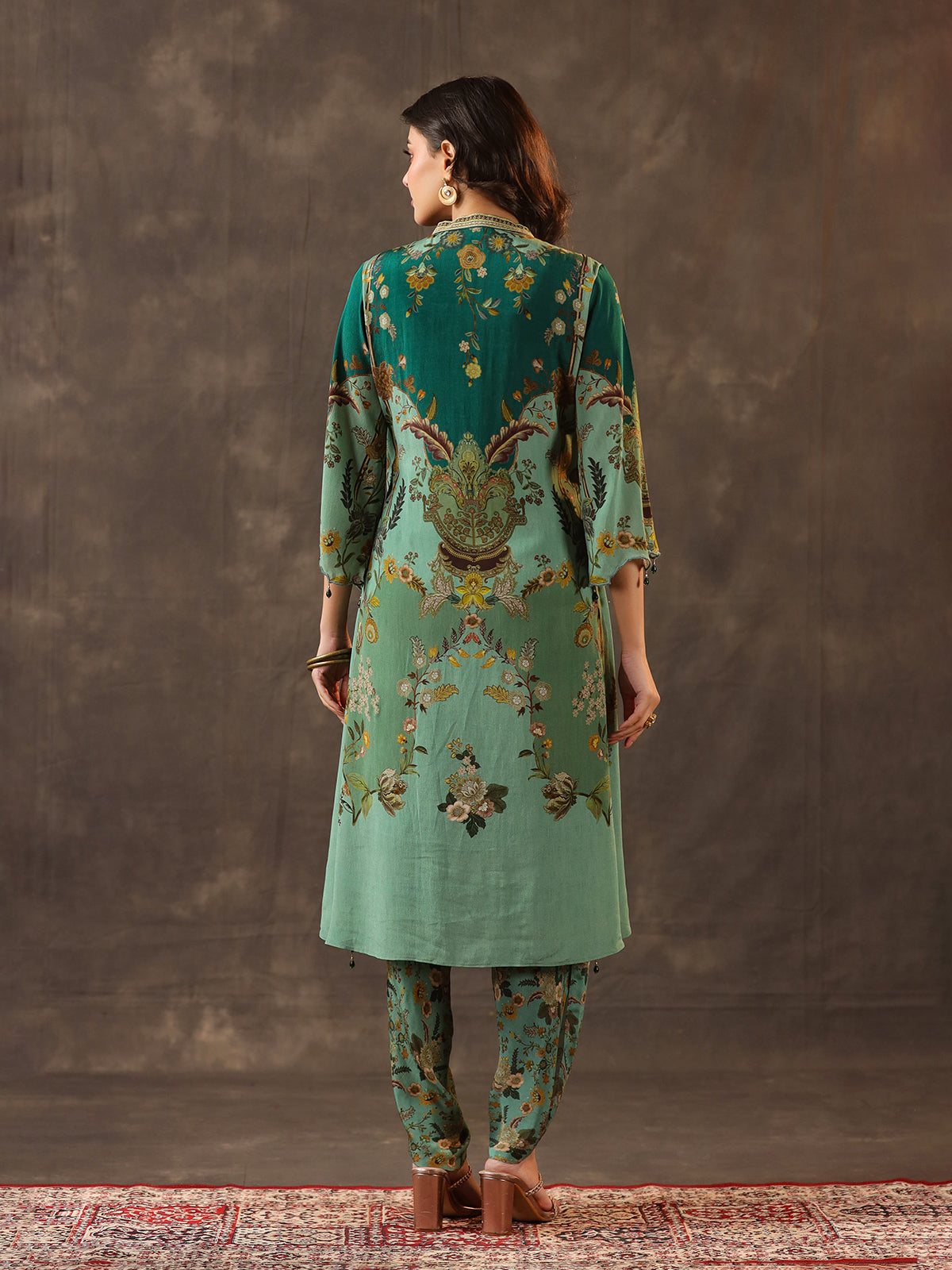 Green viscose crepe printed kurti dhoti traditional festive set
