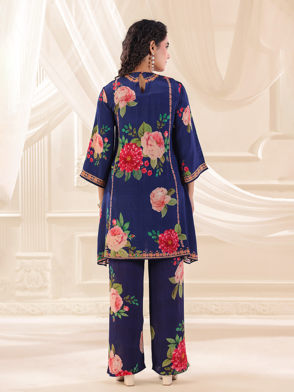 Blue viscose crepe printed kurti palazzo festive set