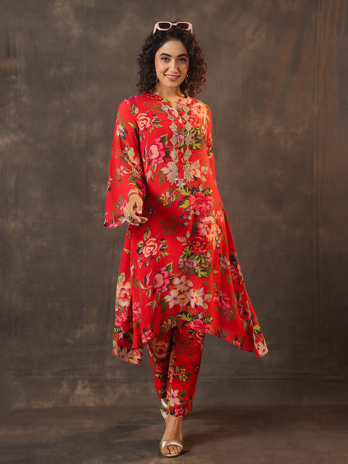 Red viscose georgette floral printed kurti set