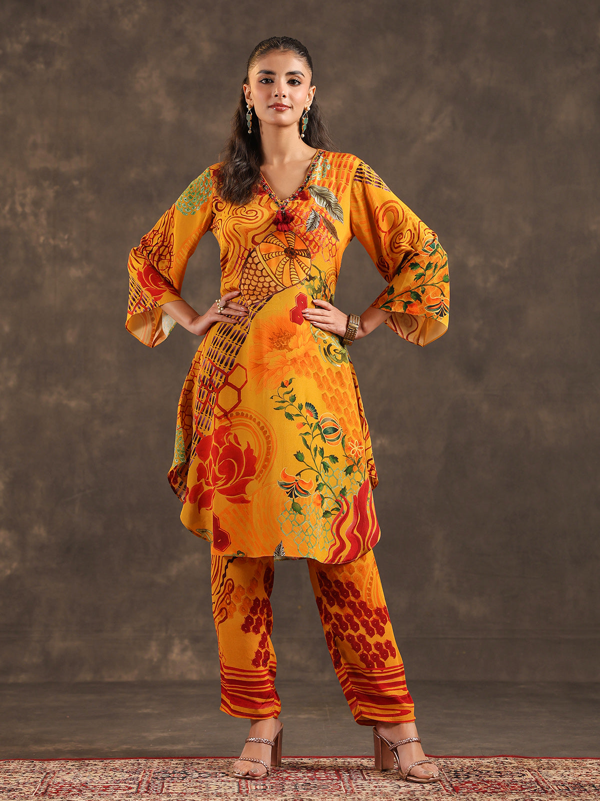 Mustard yellow viscose crepe printed kurti set for women