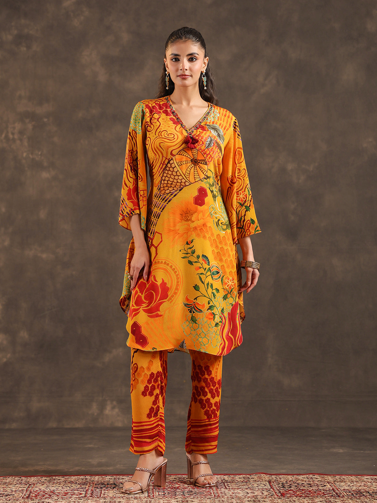 Mustard yellow viscose crepe printed kurti set for women