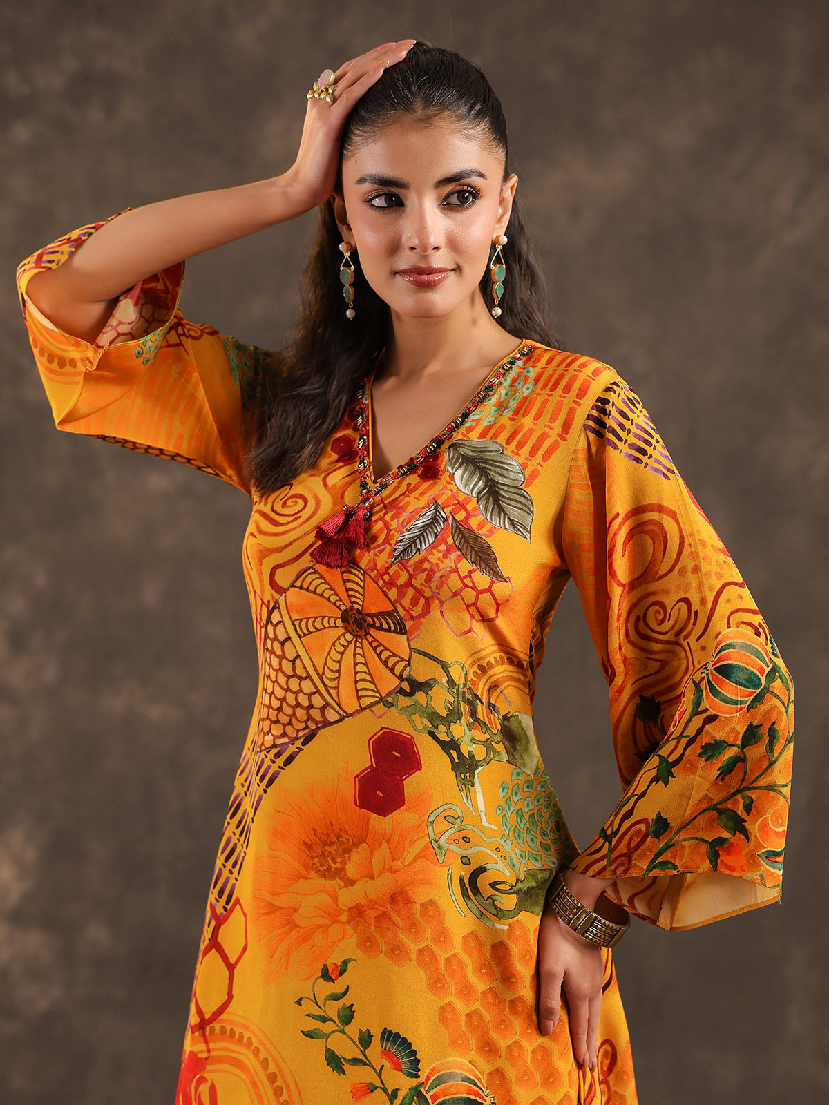 Mustard yellow viscose crepe printed kurti set for women