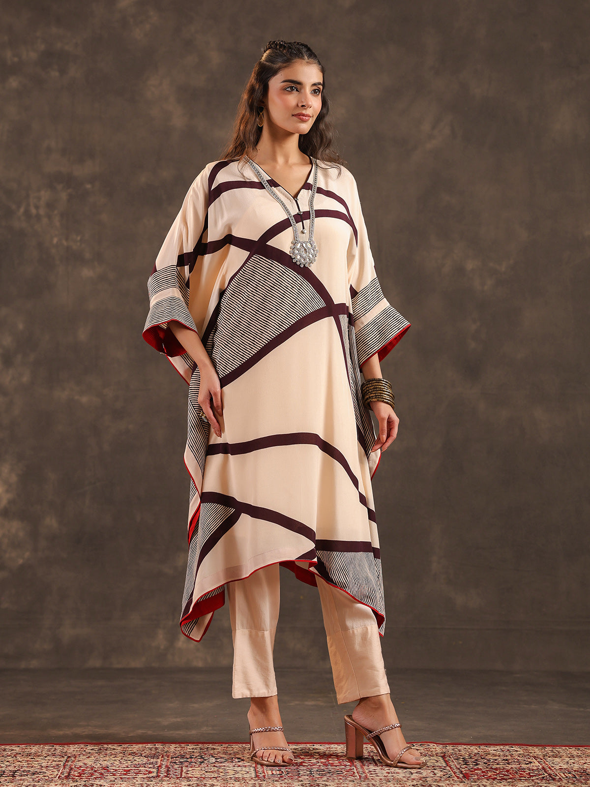 Cream viscose crepe abstract printed kurti festive set
