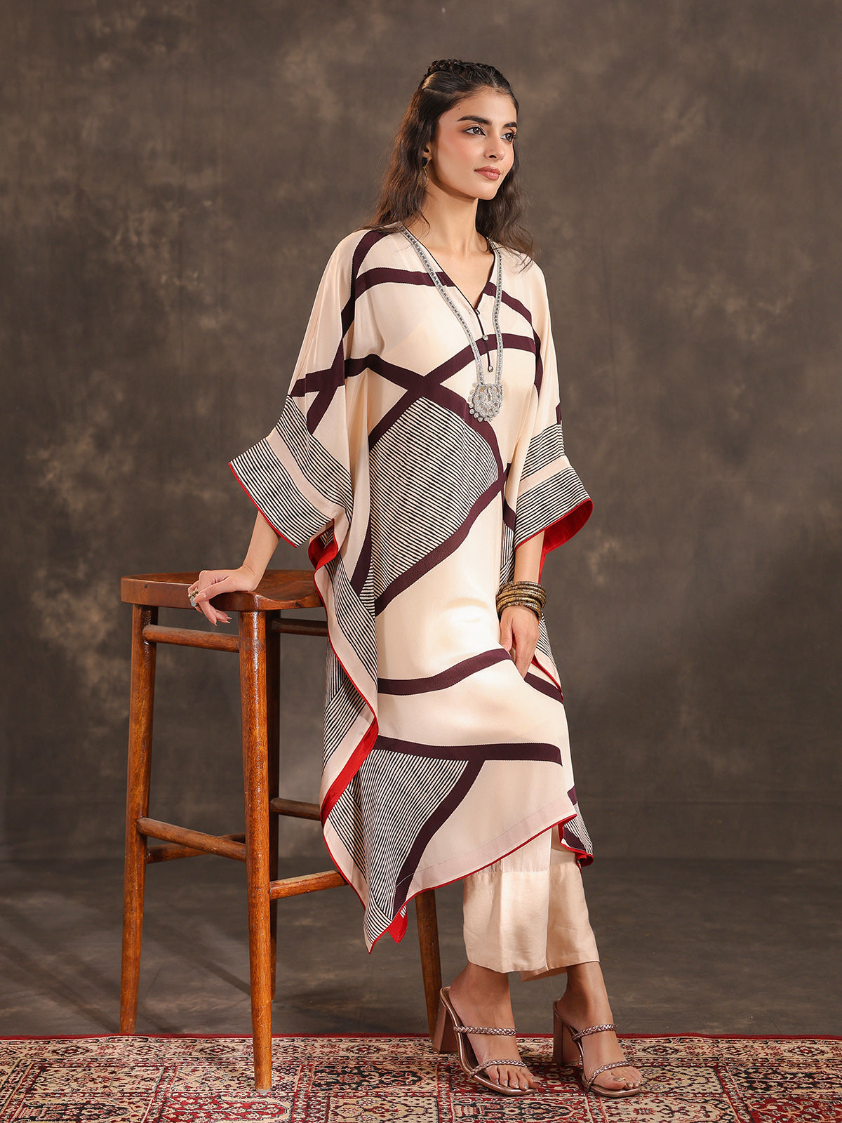 Cream viscose crepe abstract printed kurti festive set