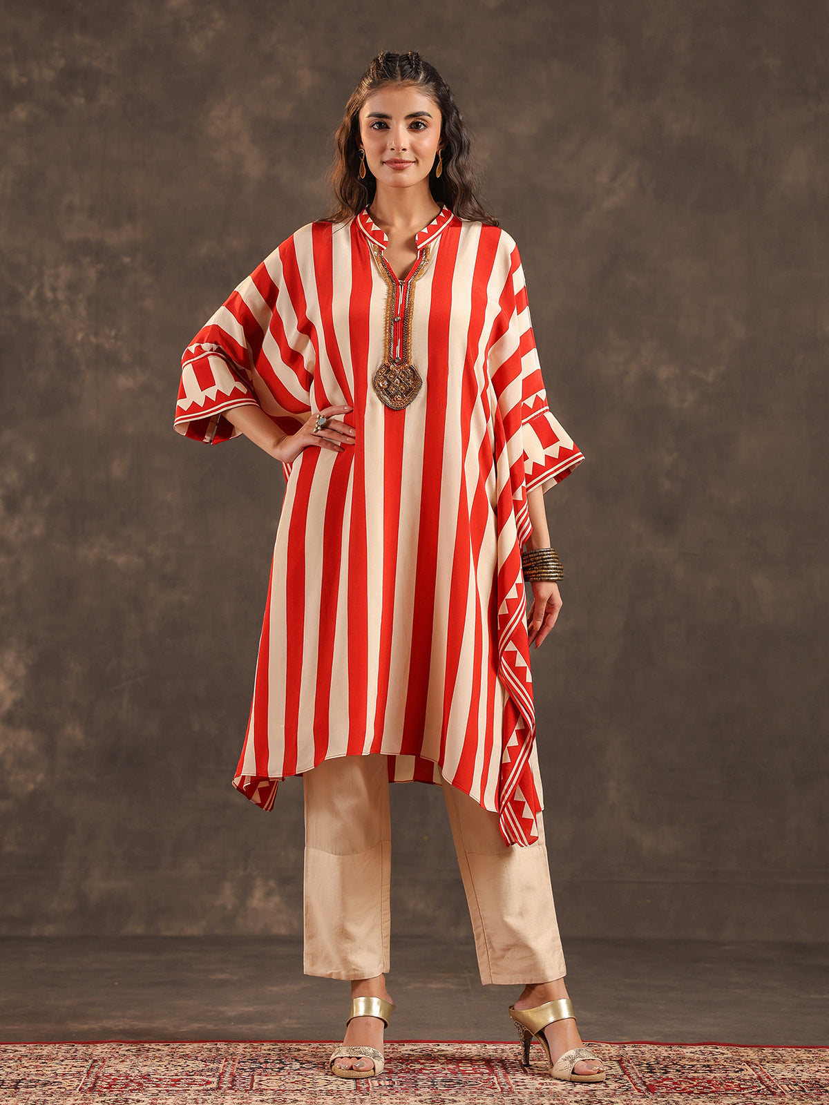 Beige red viscose crepe striped kaftan style kurti set