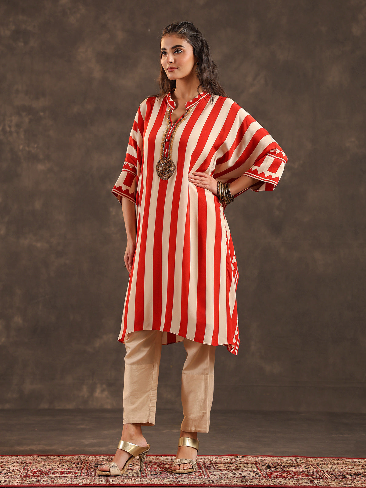 Beige red viscose crepe striped kaftan style kurti set