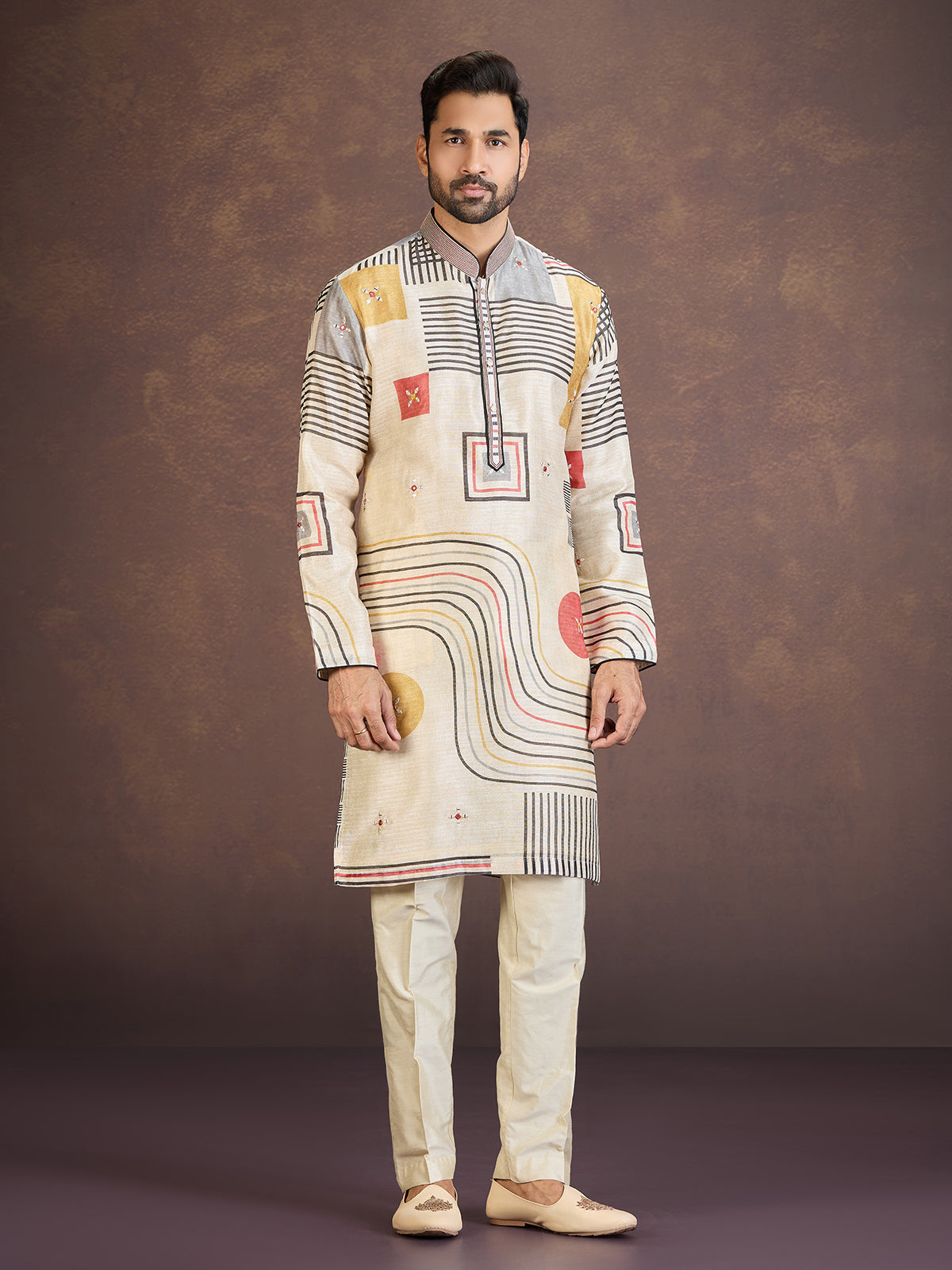 Beige geometric printed cotton linen festive kurta pyjama