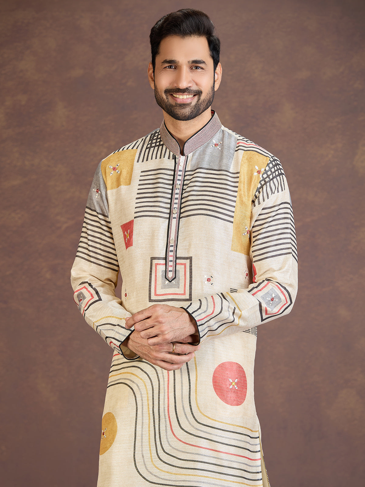 Beige geometric printed cotton linen festive kurta pyjama