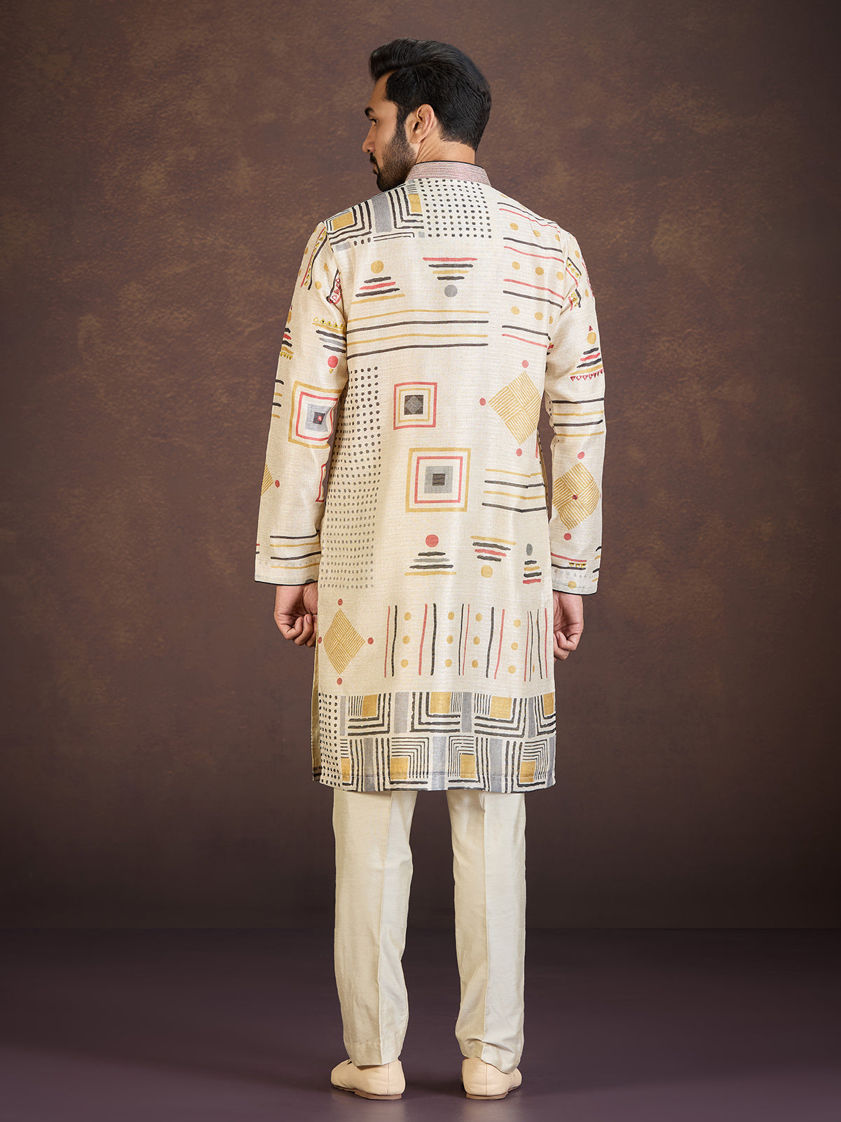 Beige geometric printed cotton linen festive kurta suit set