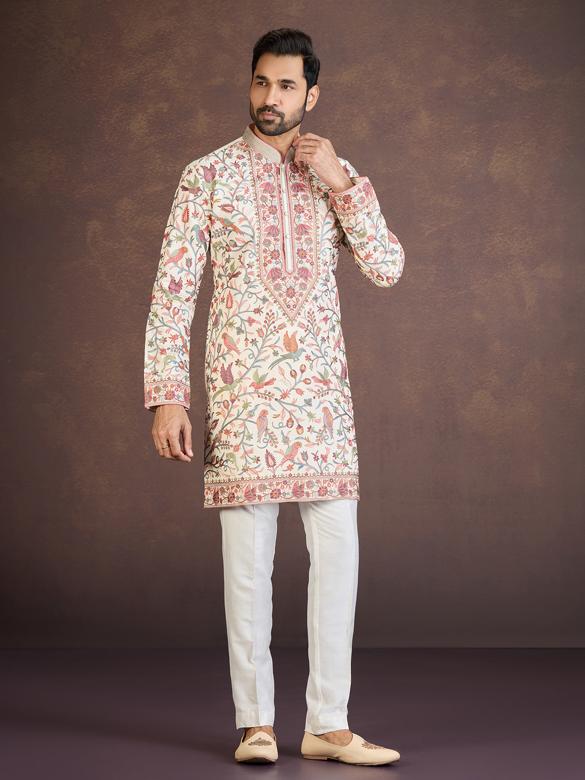 Cream silk embroidered floral bird motif kurta pyjama