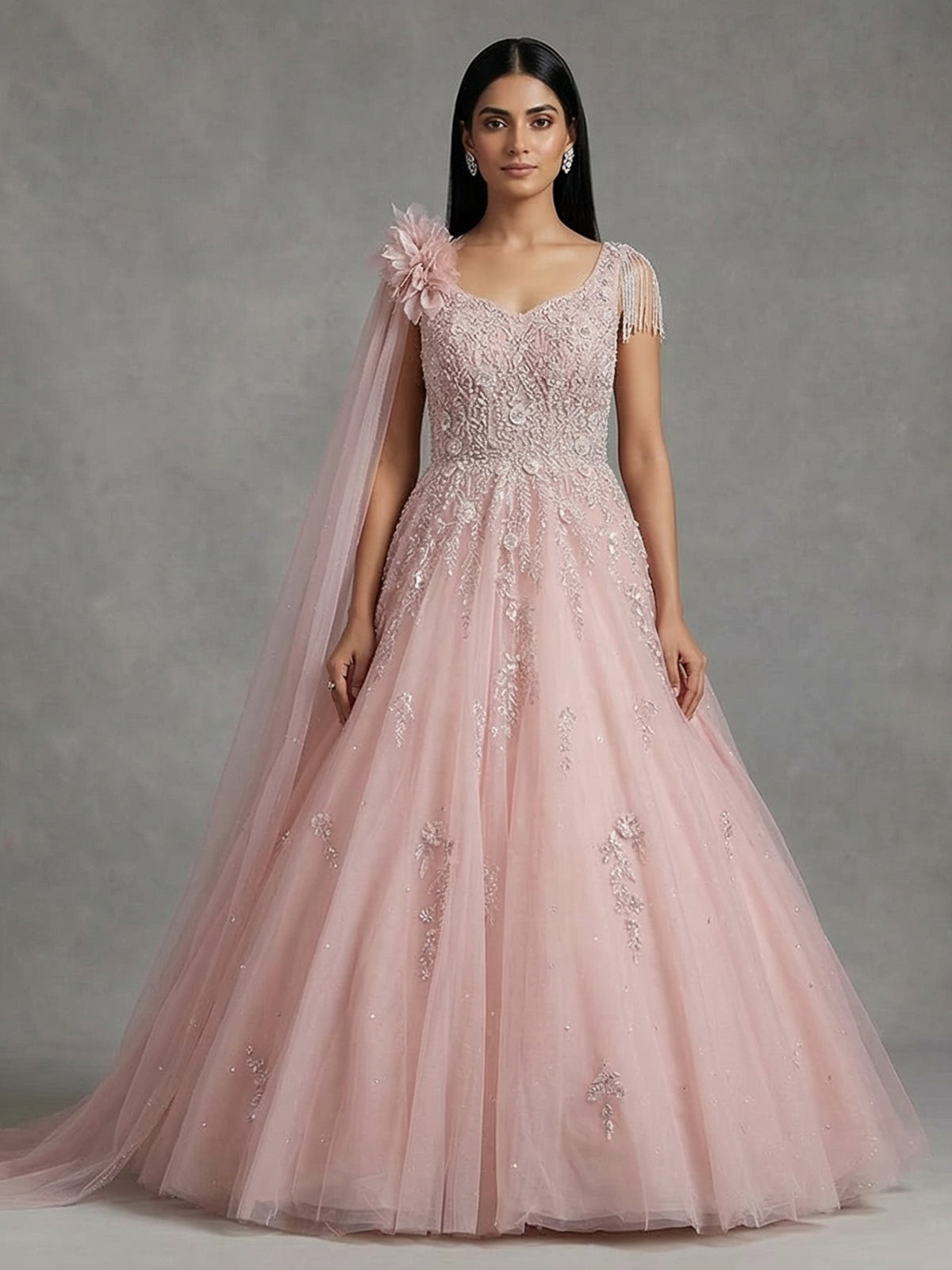 Pink net designer gown with sequins and beads work
