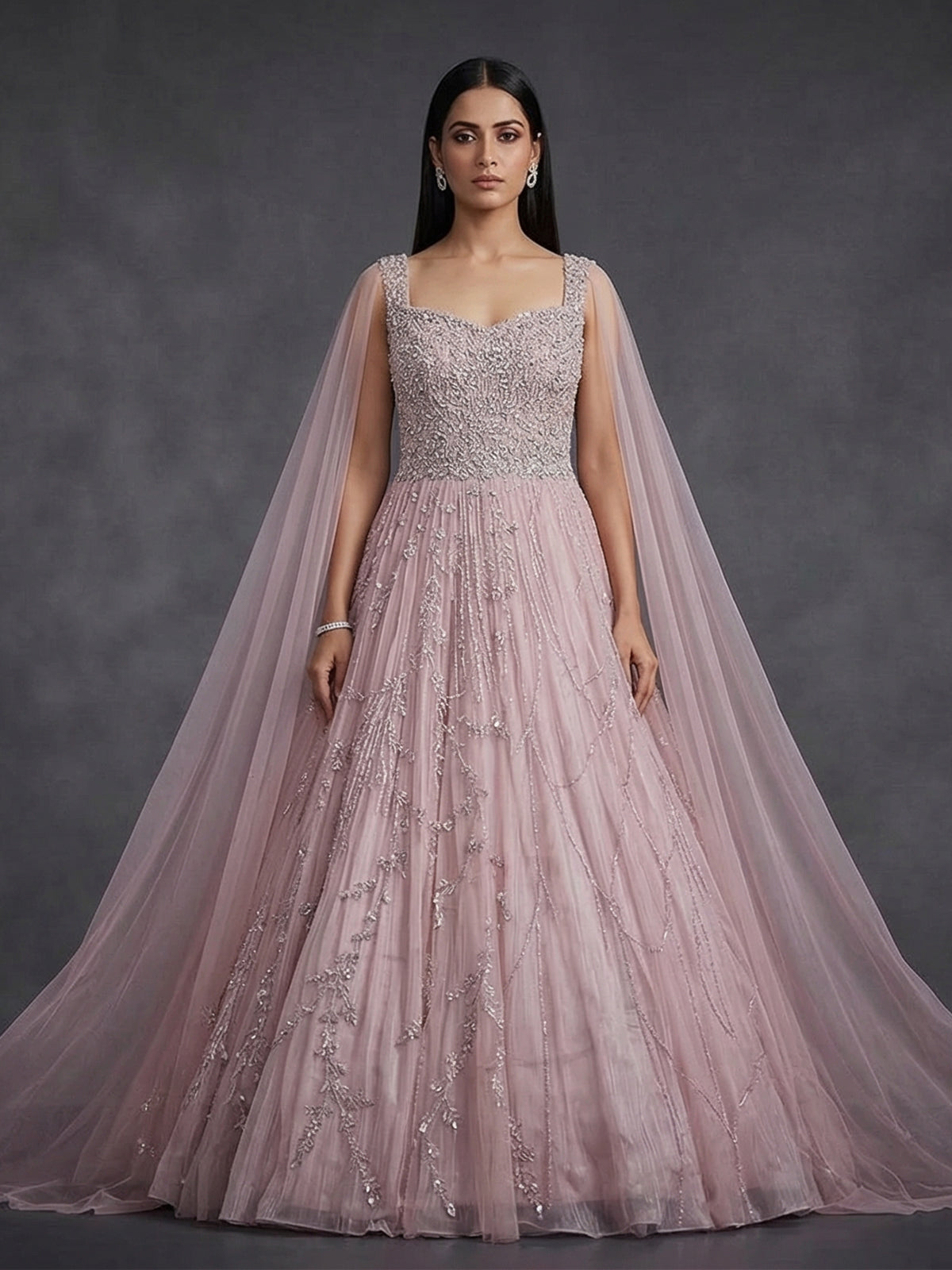 Onion pink net designer gown with diamond work