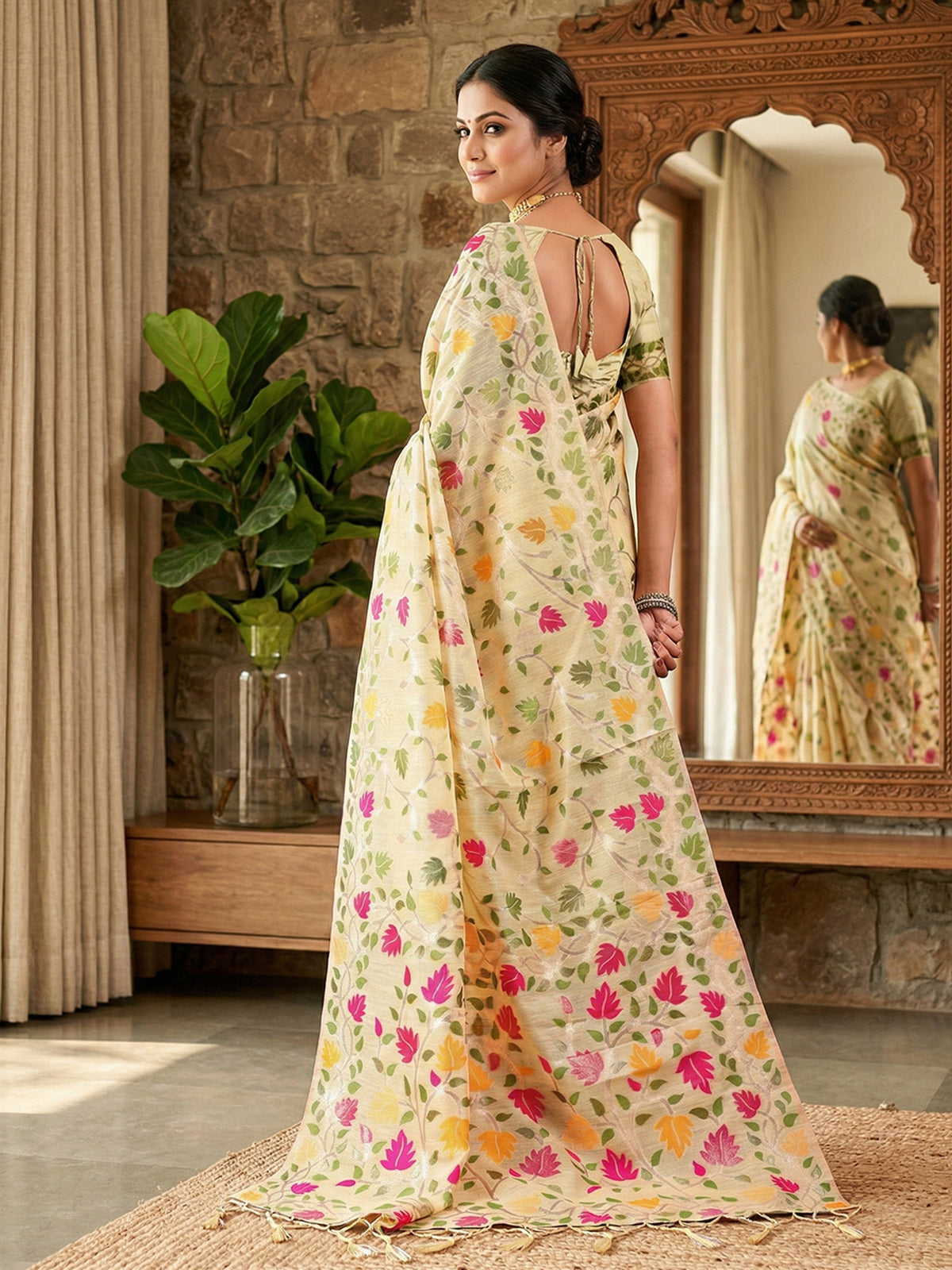 Cream linen cotton saree with colorful motifs