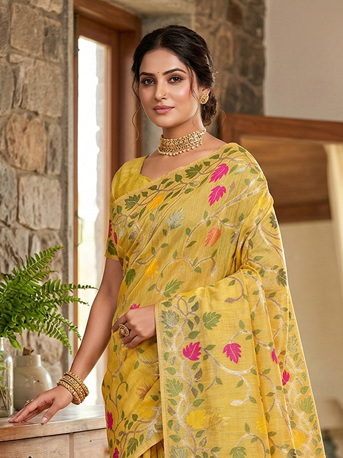 Yellow cotton linen saree with bold motifs
