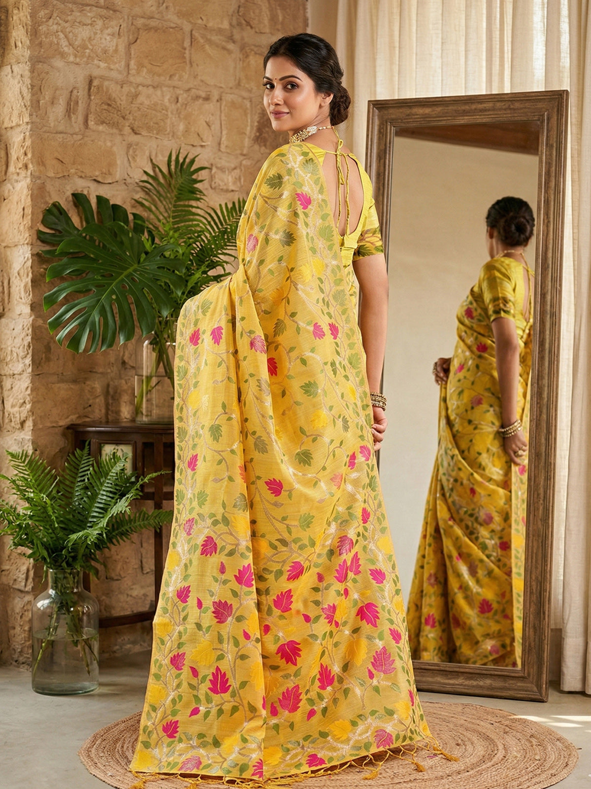 Yellow cotton linen saree with bold motifs
