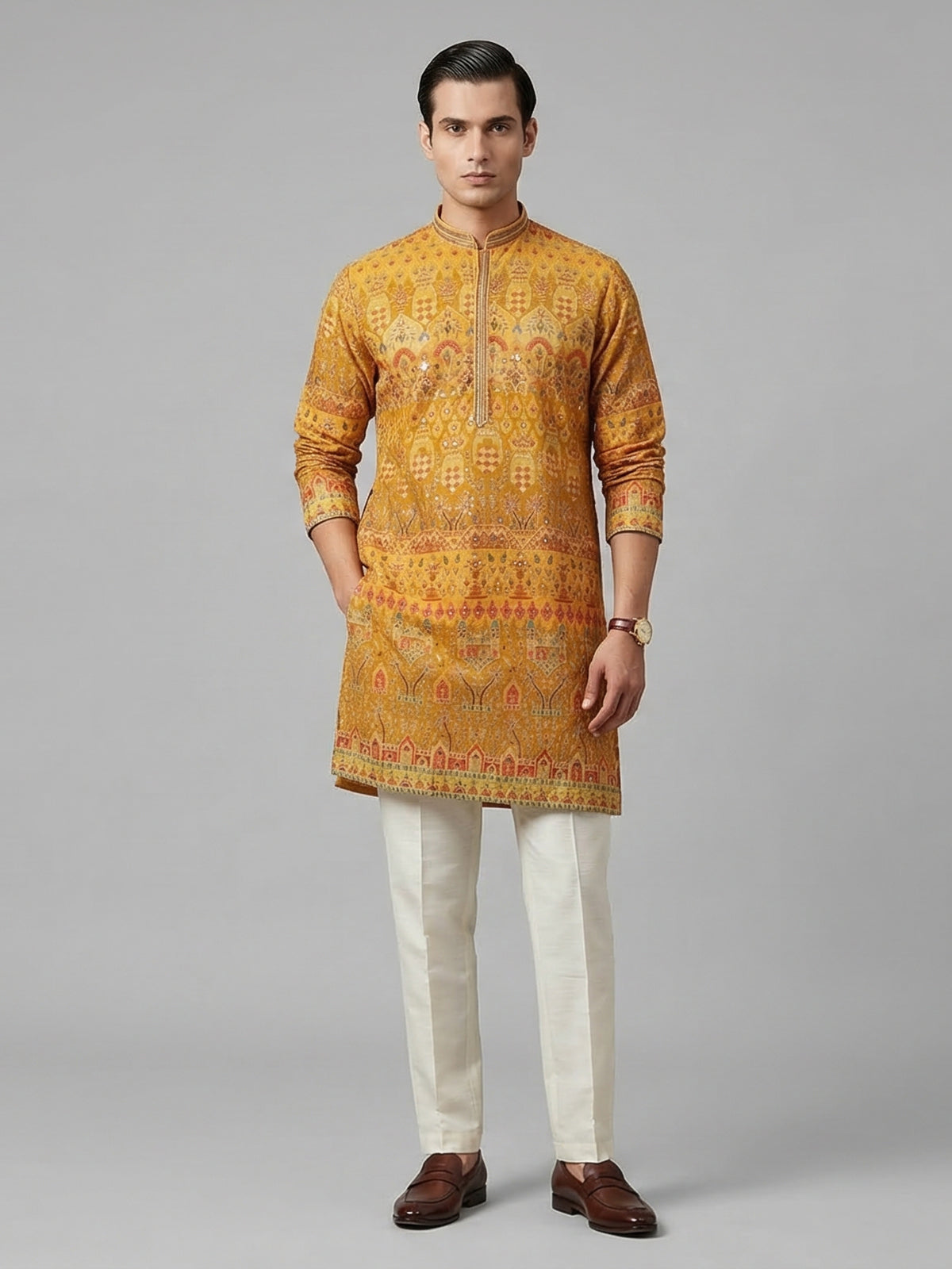 Yellow cotton silk printed festive kurta suit