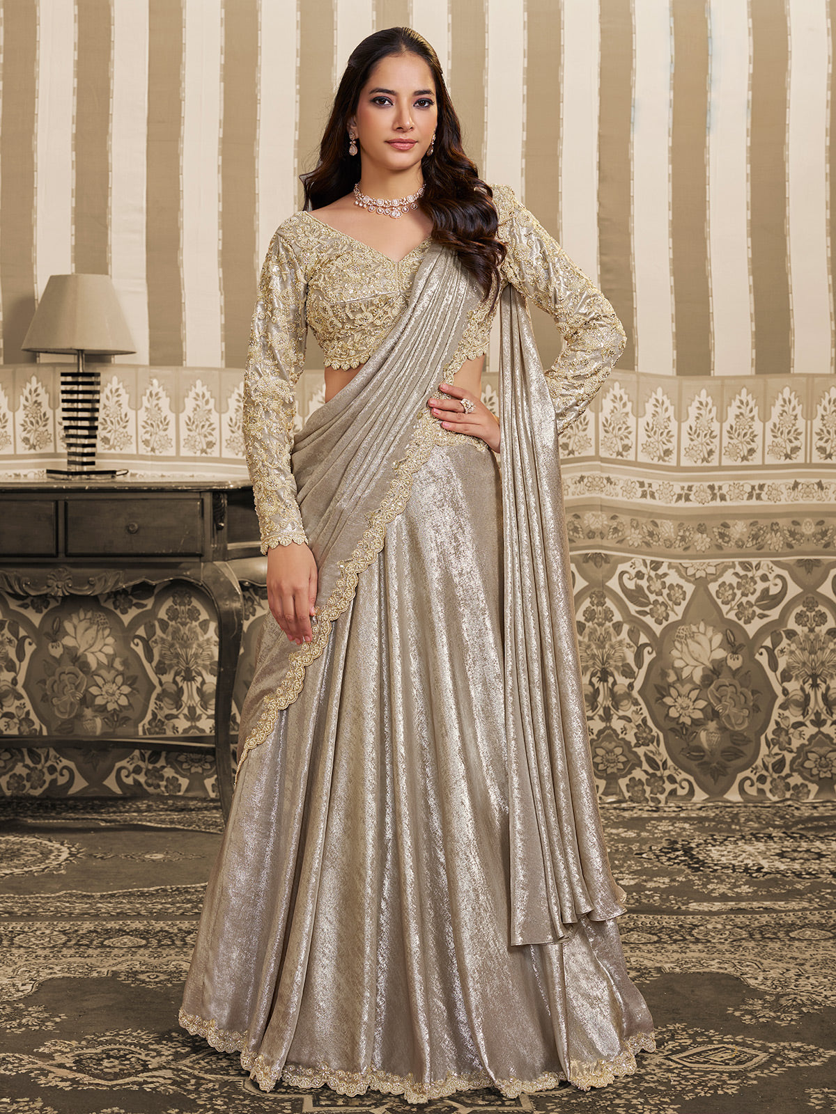 Beige foil satin lehenga saree for reception wear