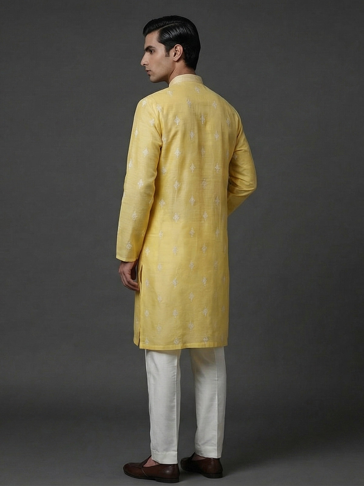 Yellow cotton linen embroidered festive kurta set