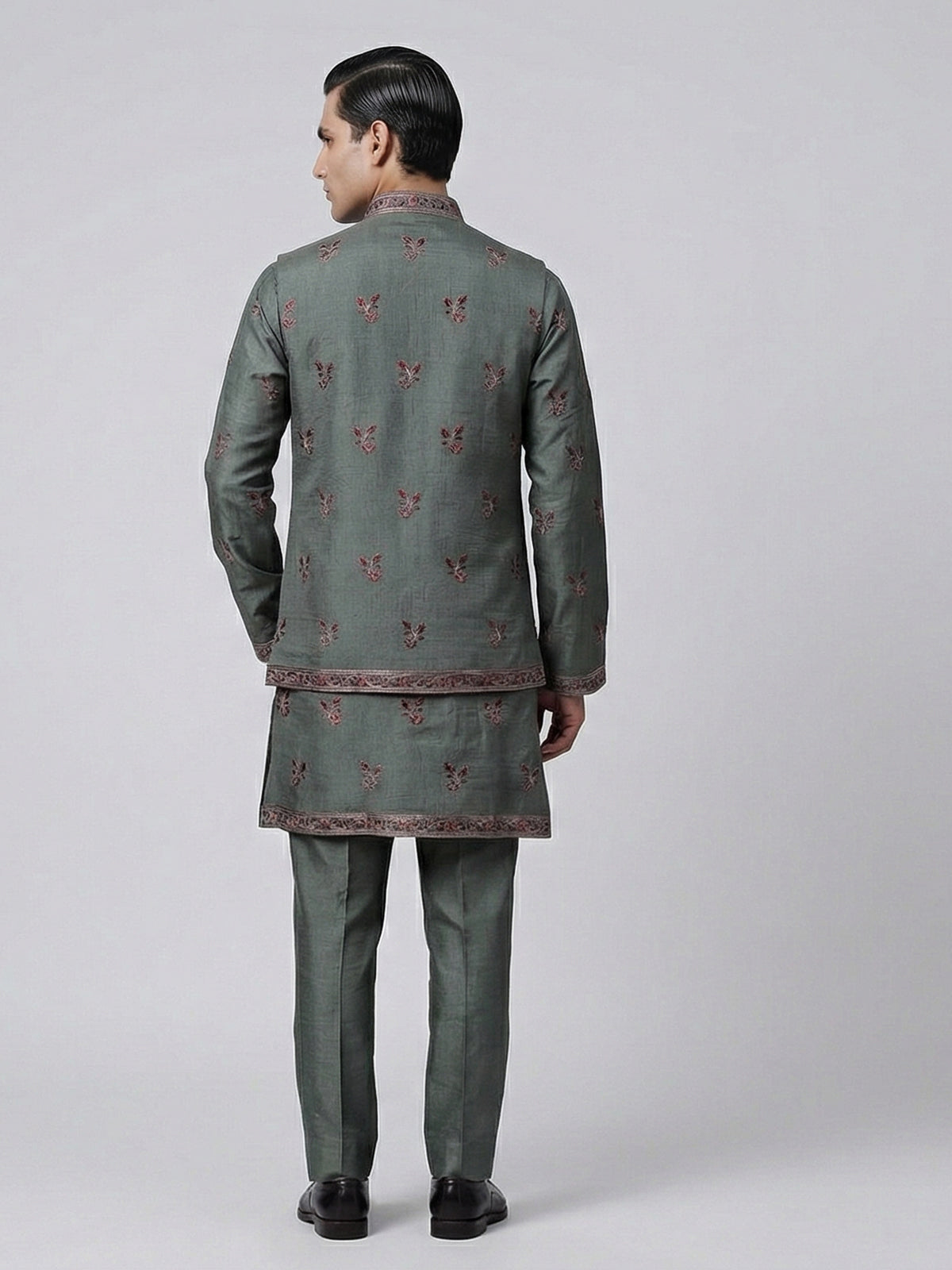 Sage green silk embroidered festive waistcoat set
