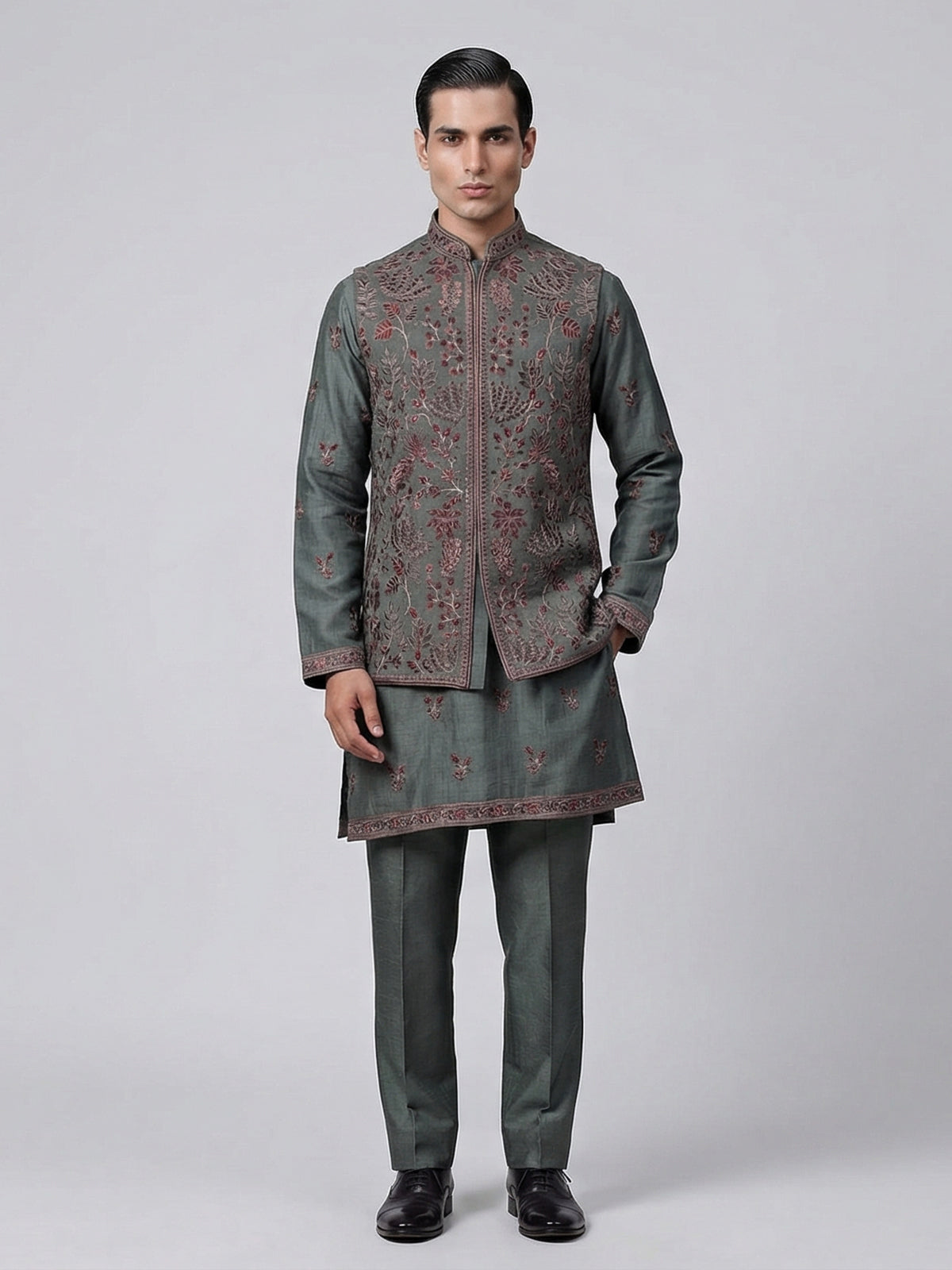 Sage green silk embroidered festive waistcoat set