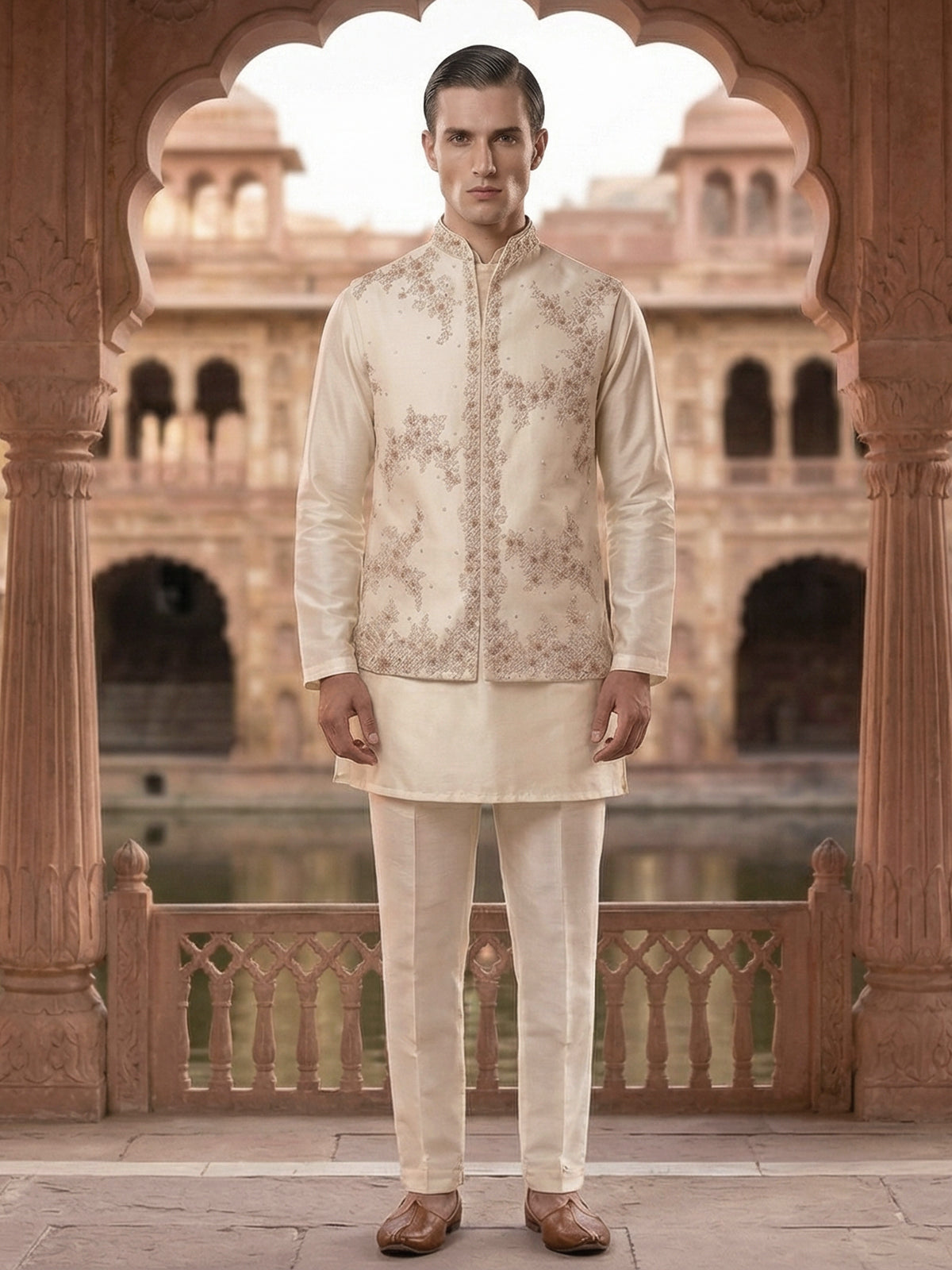Cream silk embroidered designer waistcoat set
