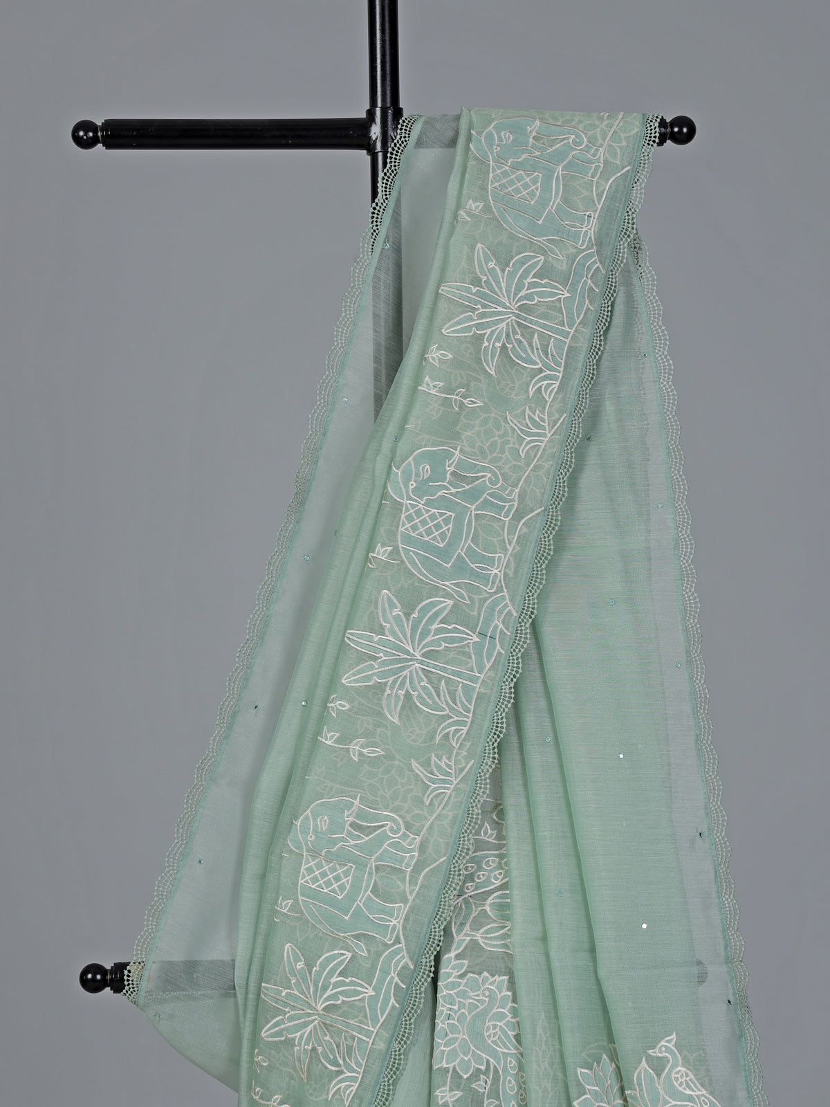 Mint green semi organza mirror work festive saree