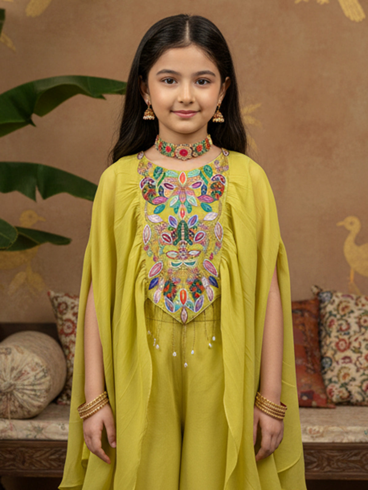 Mehendi yellow chiffon palazzo suit for girls