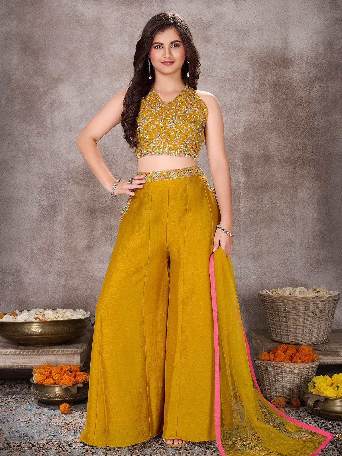 Mustard yellow festive wear silk palazzo suit