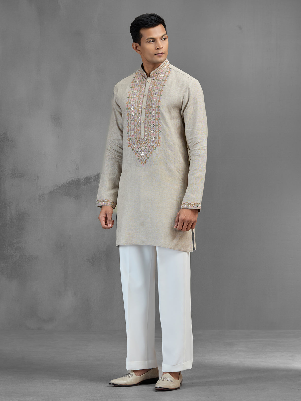 Beige linen geometric threadwork festive kurta pajama
