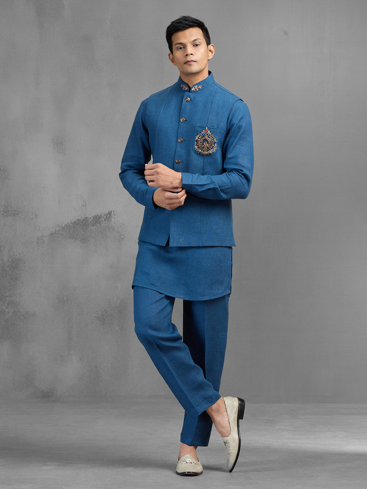 Blue linen ornate embroidered festive waistcoat kurta pant set