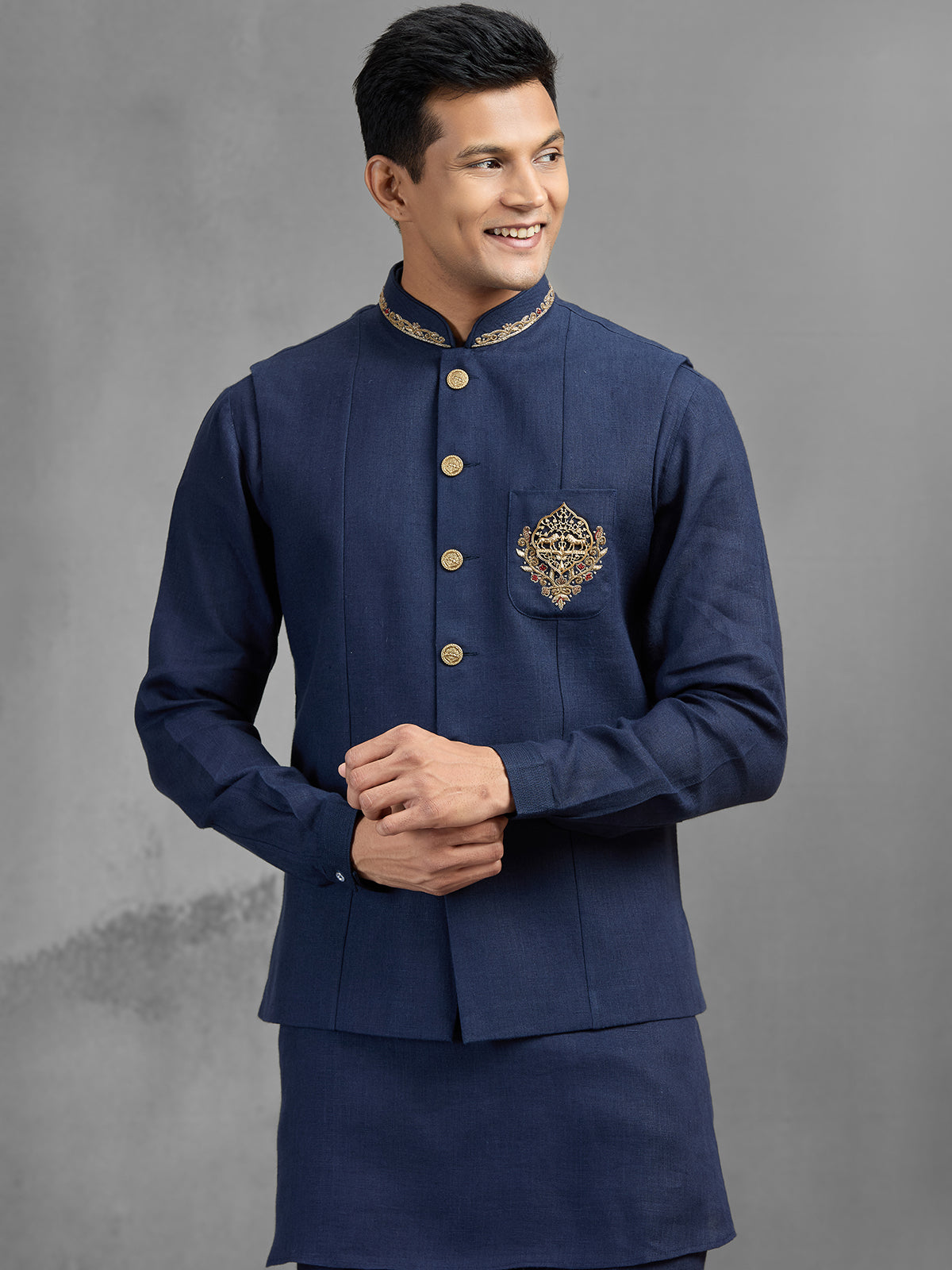 Navy blue linen crest motif embroidered waistcoat set