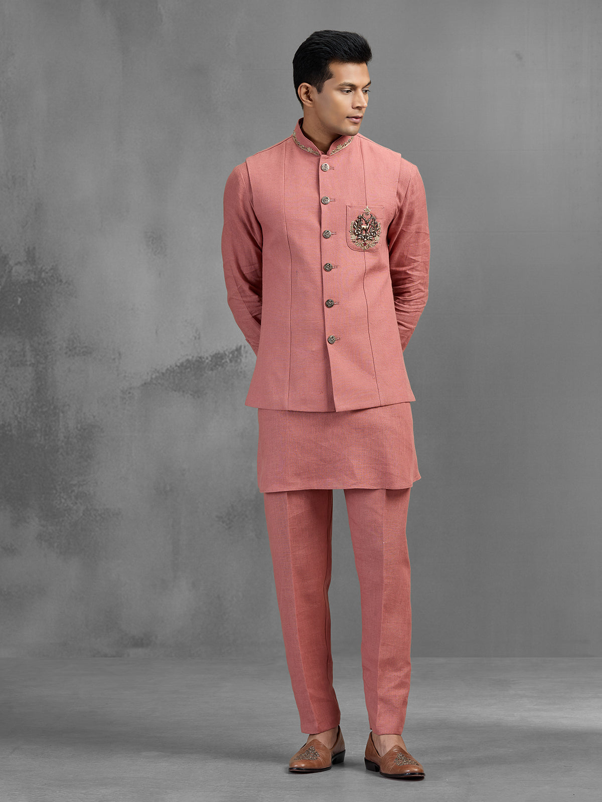 Dusky pink linen crest embroidered festive waistcoat set