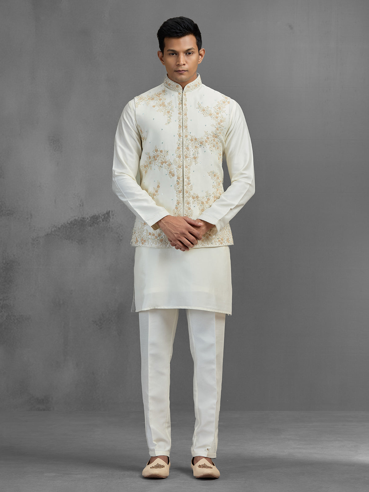 Cream linen aabla embroidered festive waistcoat set for men