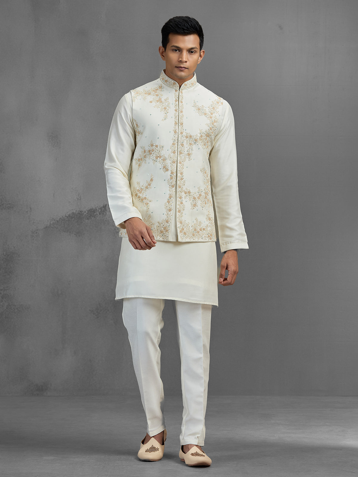 Cream linen aabla embroidered festive waistcoat set for men