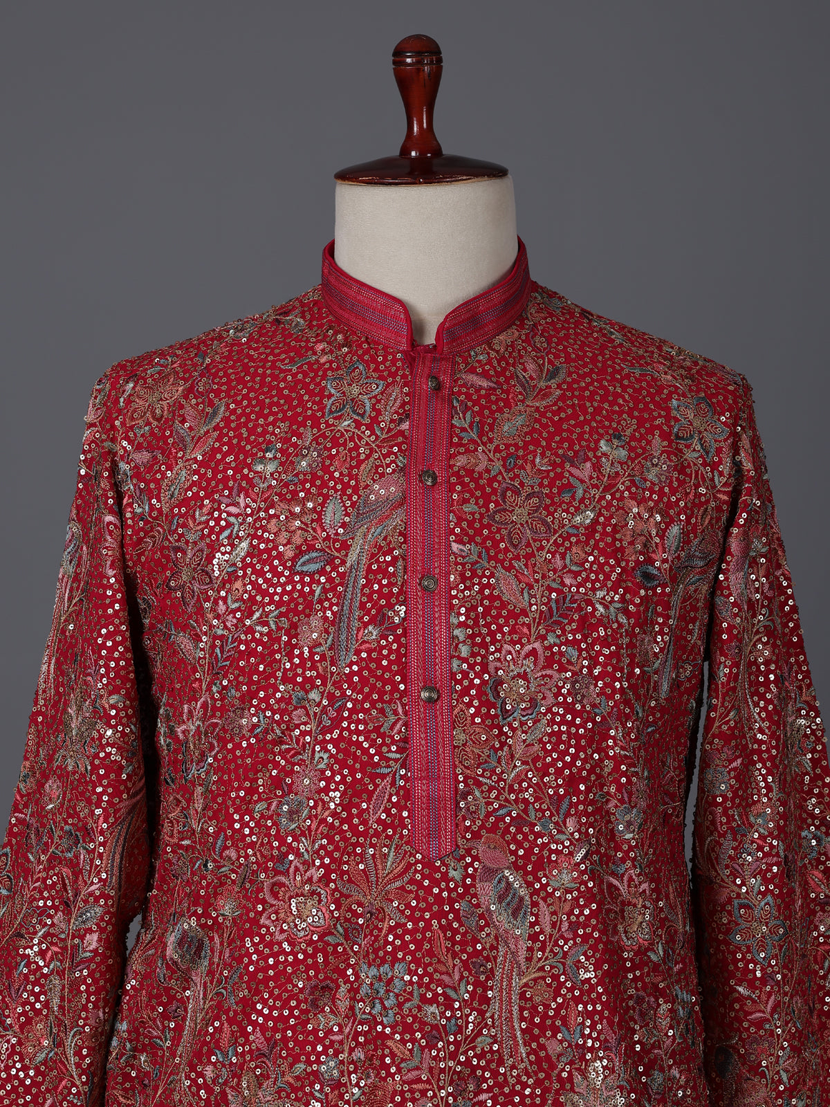 Red georgette embroidered work festive mandarin kurta suit