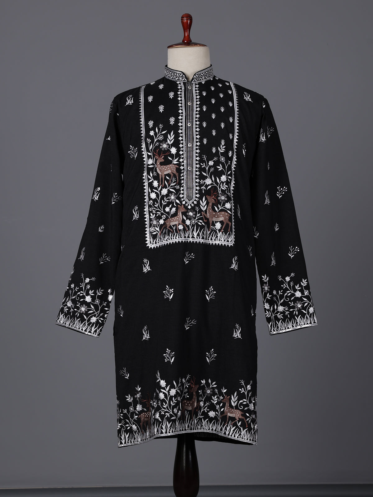 Black silk embroidered work festive mandarin collar kurta suit