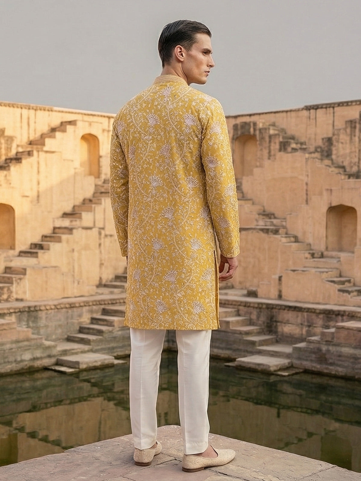 Yellow georgette embroidered work haldi festive kurta suit